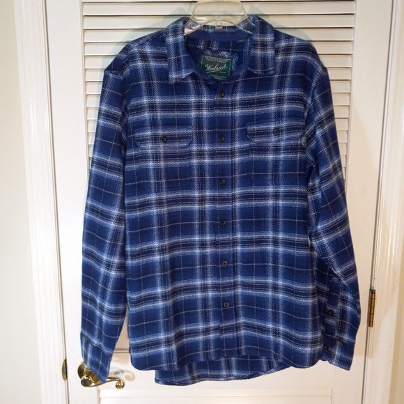 Woolrich Blanket Shirt Jacket Size L Blue Plaid Flannel Cotton Shacket Pockets - Picture 1 of 16